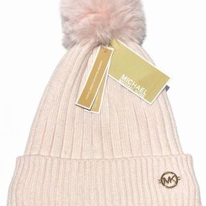 Michael Kors Light Pink Ribbed Pom-Pom Hat with Gold MK Accent